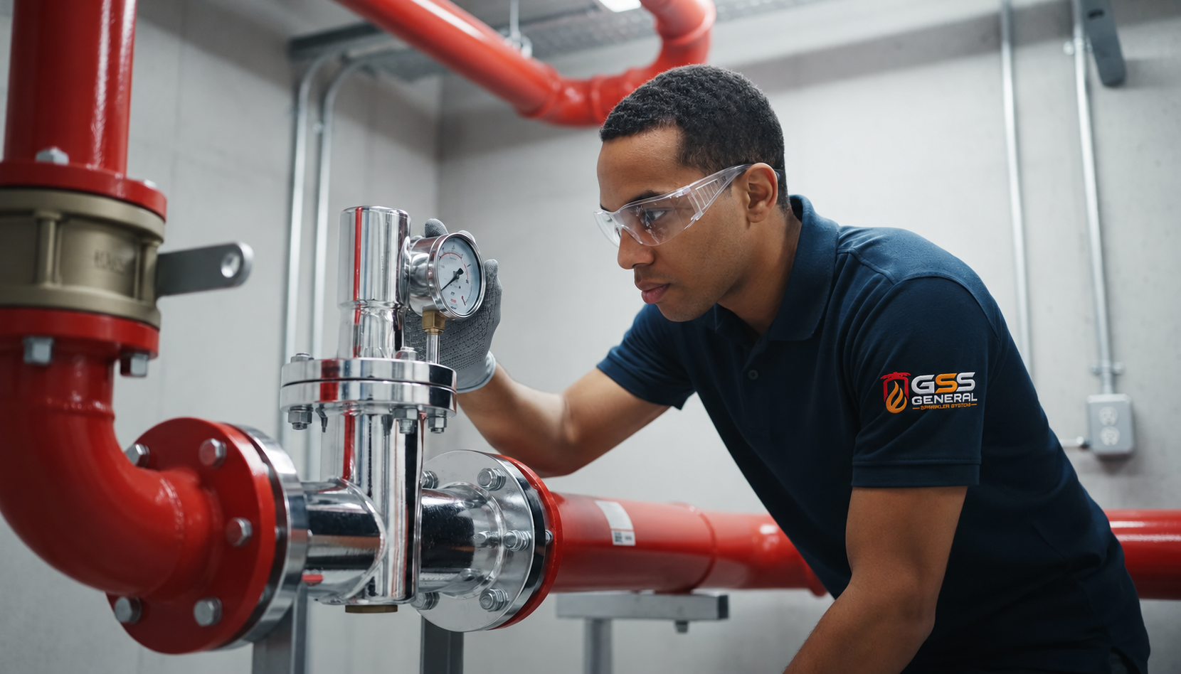Technician with GSS sleeve logo inspecting piping and a pressure gauge