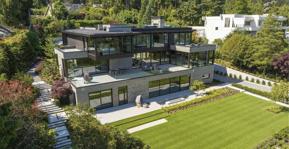 Residential home exterior and landscaped grounds